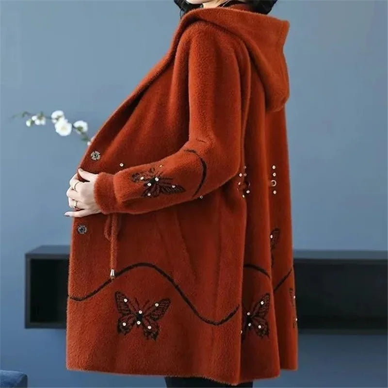 Imitation Mink Fleece Women Coat Hooded Mid Long Knitted Cardigan Sweater