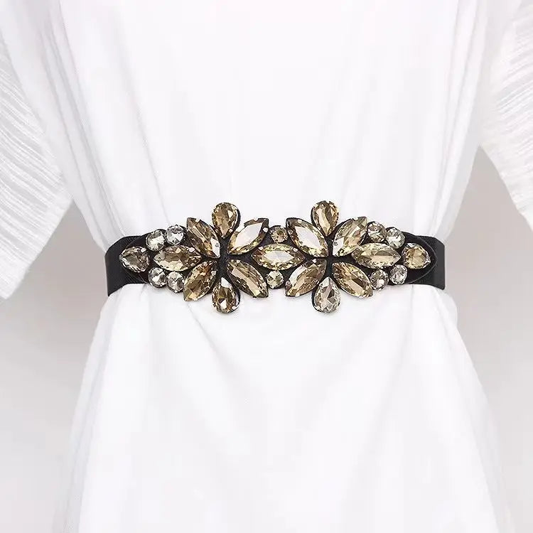 Fashionable Elastic Inlaid Decorative Crystals Small Waistband Belt