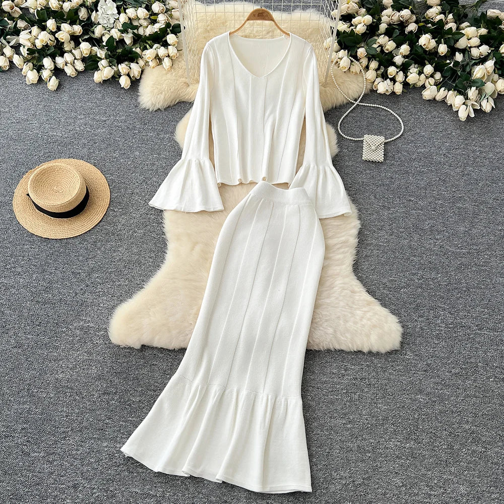 2 Piece Elegant Long Flare Sleeve Pullover Sweater And Trumpet Skirt Sets