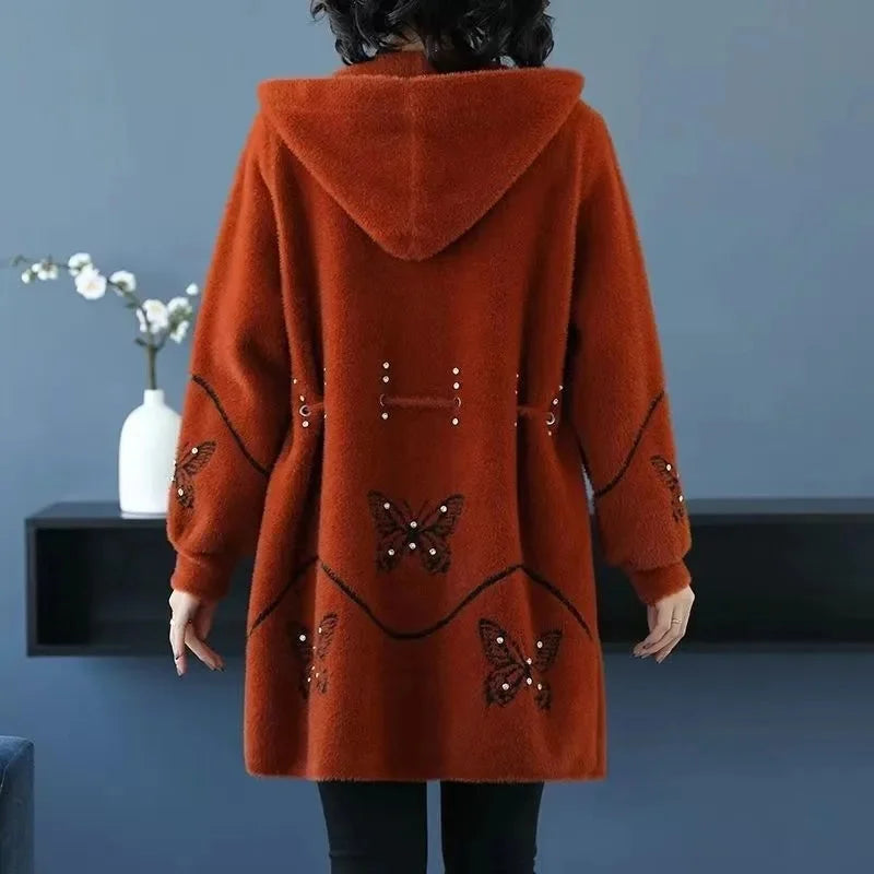 Imitation Mink Fleece Women Coat Hooded Mid Long Knitted Cardigan Sweater