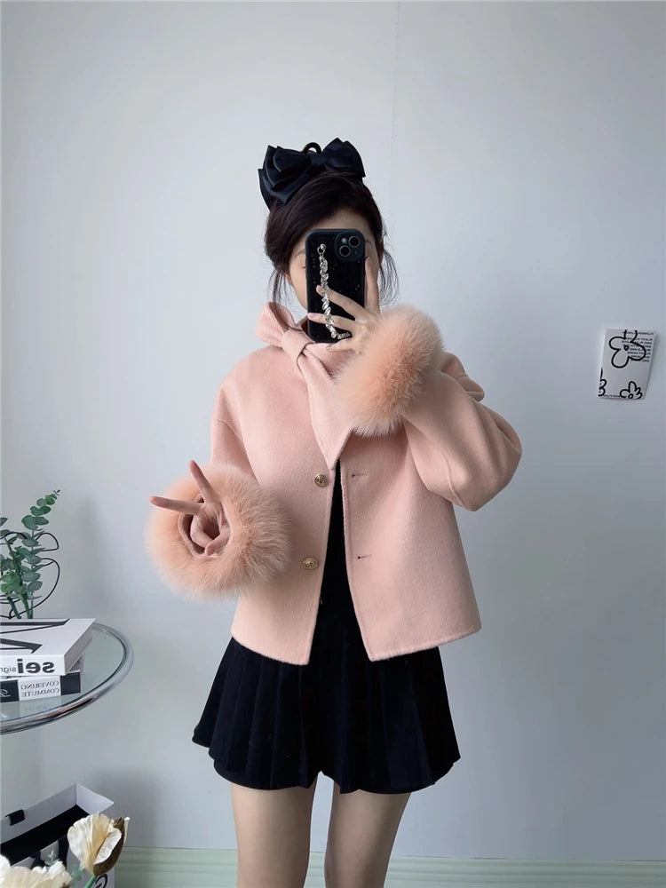 Real Natural Fox Fur Cuff Cashmere Wool Luxury Jacket