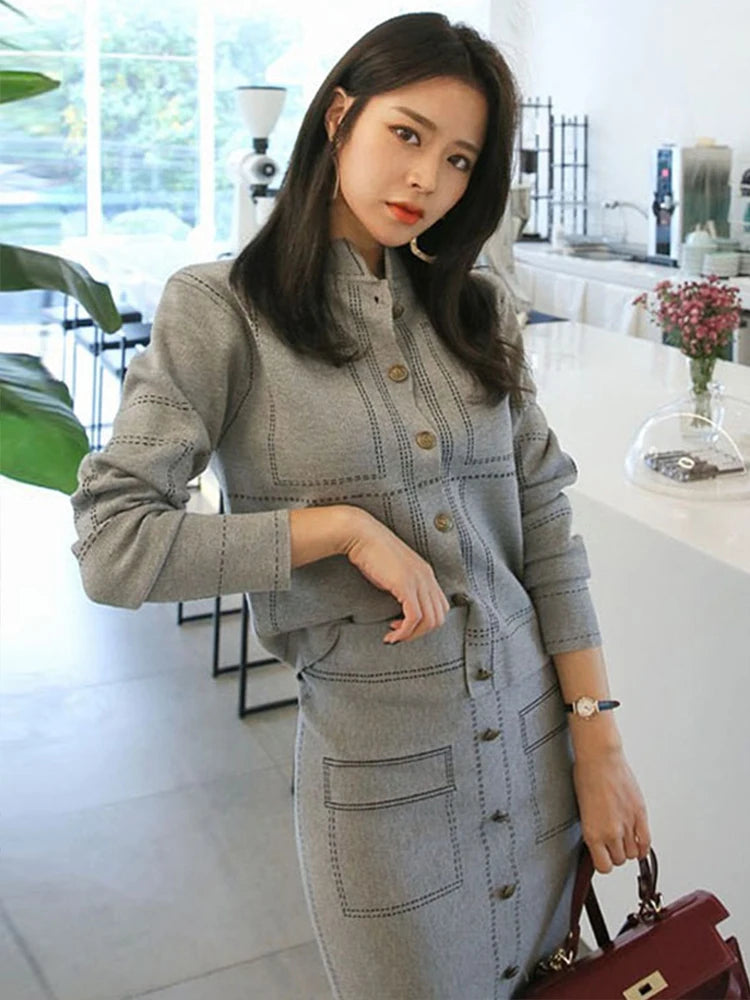 2 Pieces Casual Coat Tops Sweater Jackets High Waist Bodycon Midi Skirt Sets
