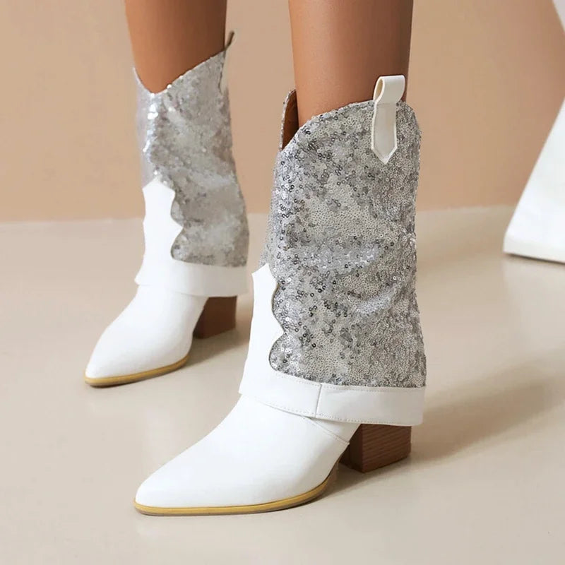 Glitter Sequin Pointed Toe High Heels Western Cowboy Mid Calf Boot