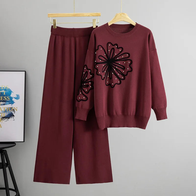 Knitted Rhinestone Flower Sweater Wide Leg Pants Two-piece Set