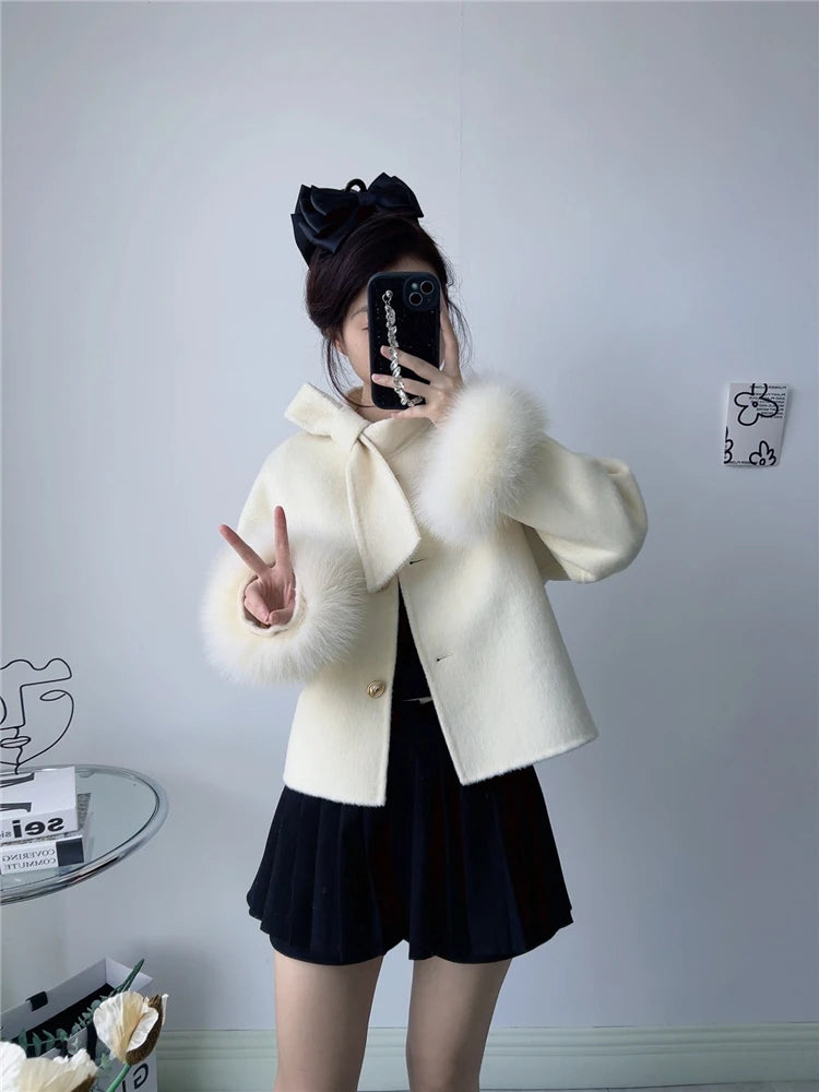 Real Natural Fox Fur Cuff Cashmere Wool Luxury Jacket