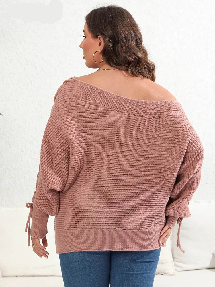 Winter Diagonal Collar Beading Lace Up Batwing Sleeve Knitted Sweater Pullovers
