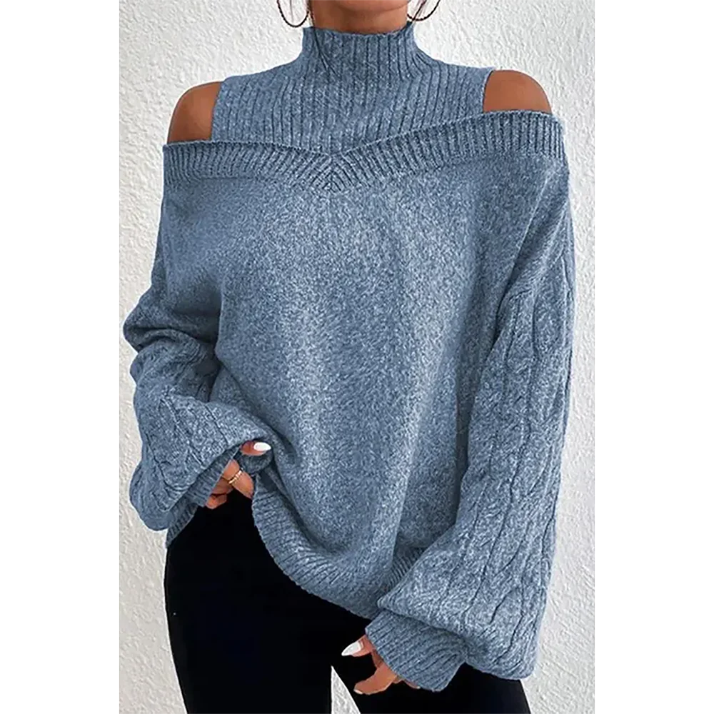 Plus Size Cable Knit Lantern Sleeve Cold Shoulder Sweater