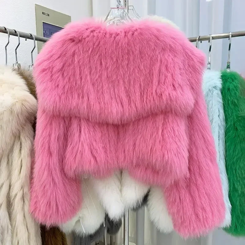 Luxury Winter Lapel Mink Collar Faux Fox Fur Bomber Jacket