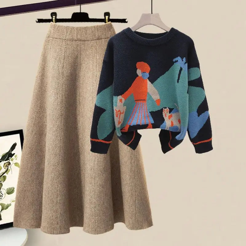 Printed Knitted Sweater Pullover Slim Fit Knitted Skirt Two Piece