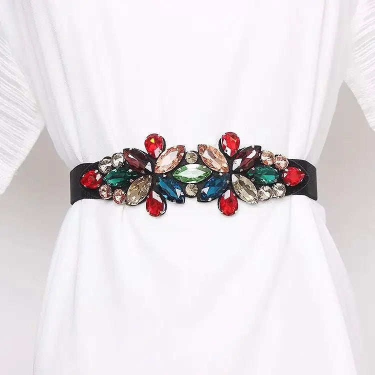 Fashionable Elastic Inlaid Decorative Crystals Small Waistband Belt