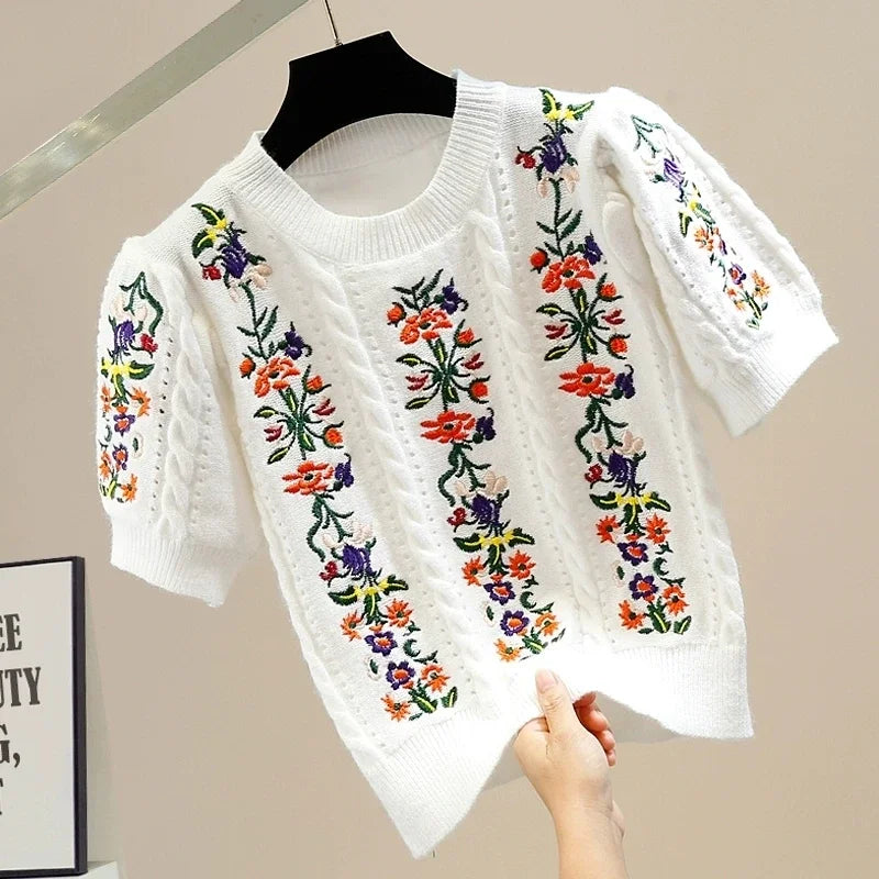 Vintage Elegant Embroidered Puff Sleeve Knitted Sweater
