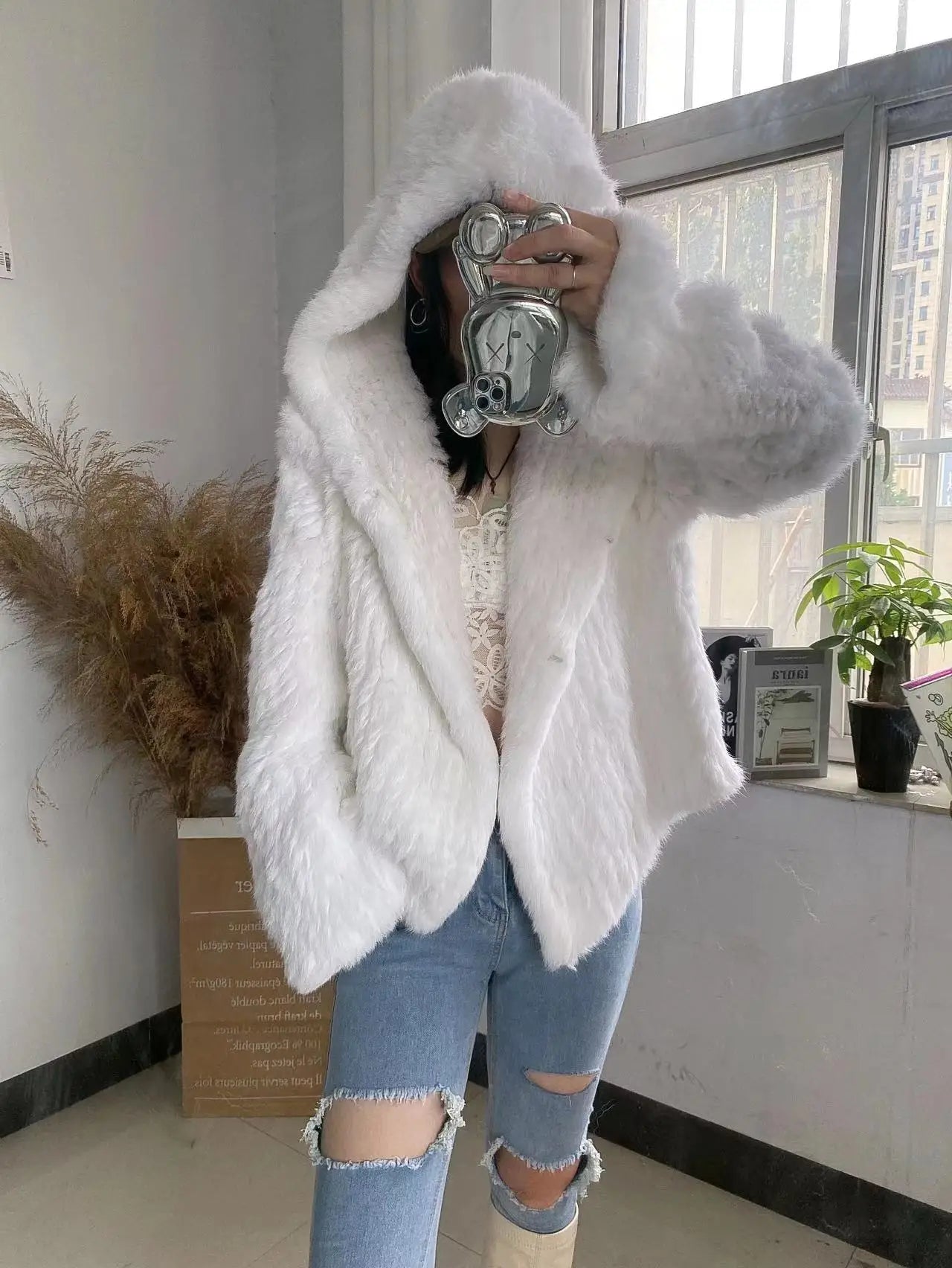 100% Real Rabbit Fur Coat