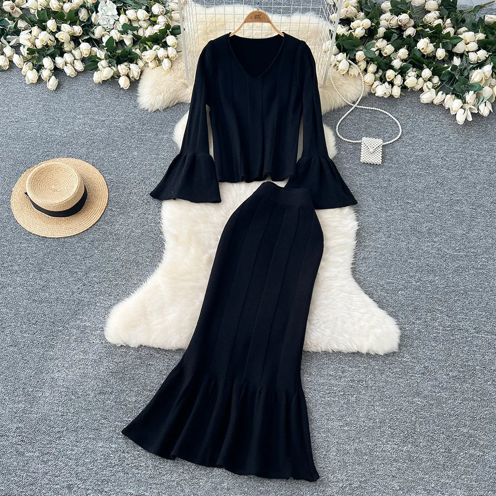 2 Piece Elegant Long Flare Sleeve Pullover Sweater And Trumpet Skirt Sets