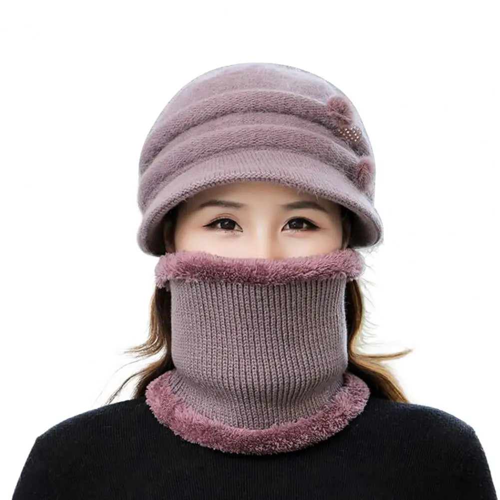 Sweet Ladies Cap & Scarf 2pcs Set Thickened Plush Lining