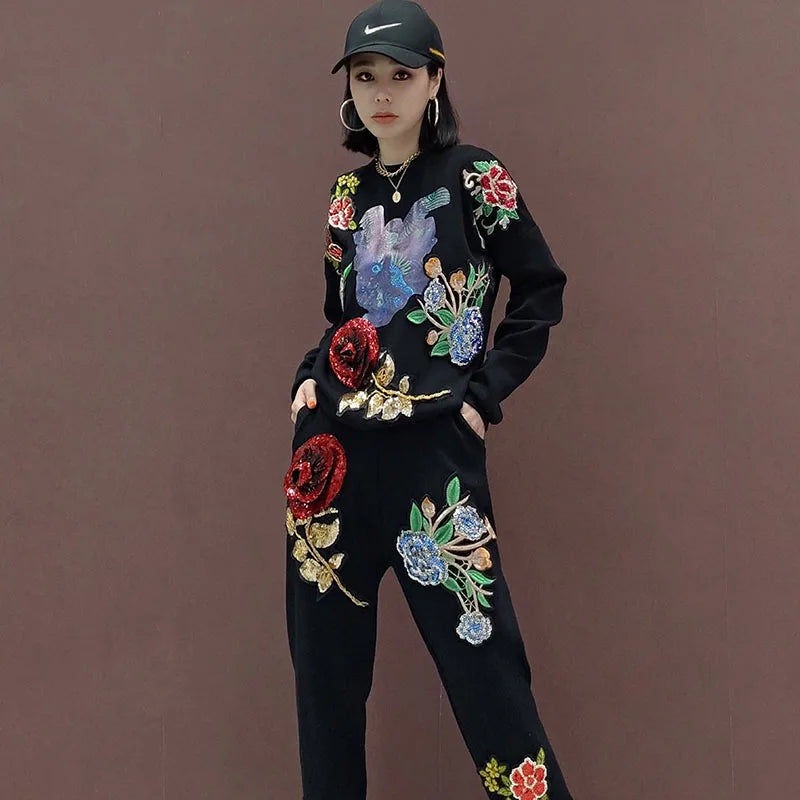 Flower Sequin Bird Pattern Printing Knit Sweater Set