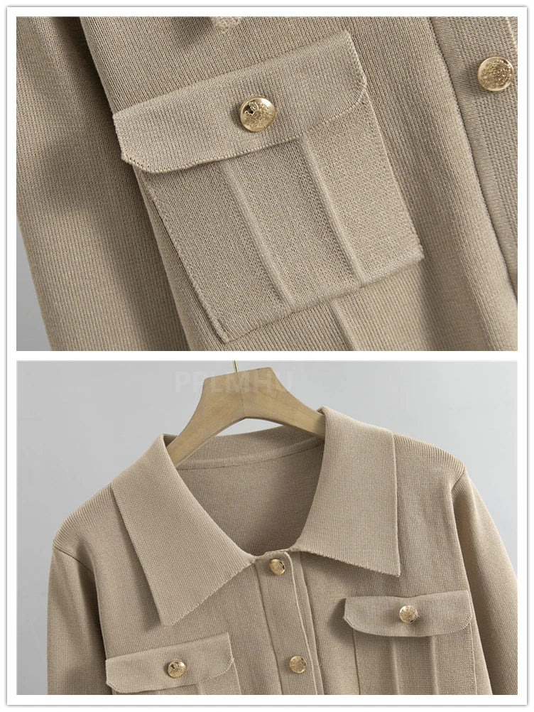 Chic Polo Collar Short Sweater Cardigan 2 Piece Sets