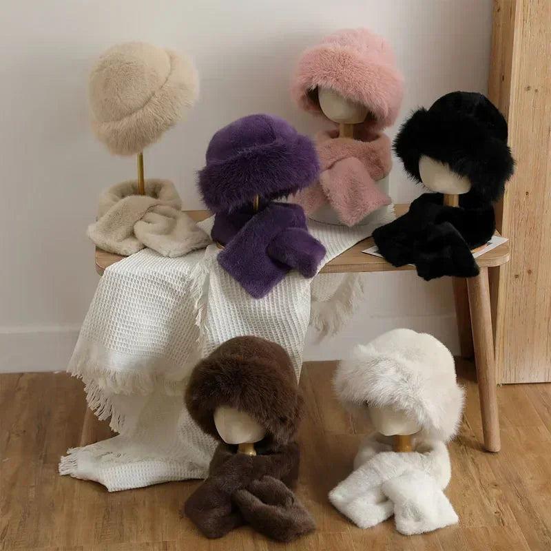 2pcs Plush Fox Mink Fur Scarf Hat Sets