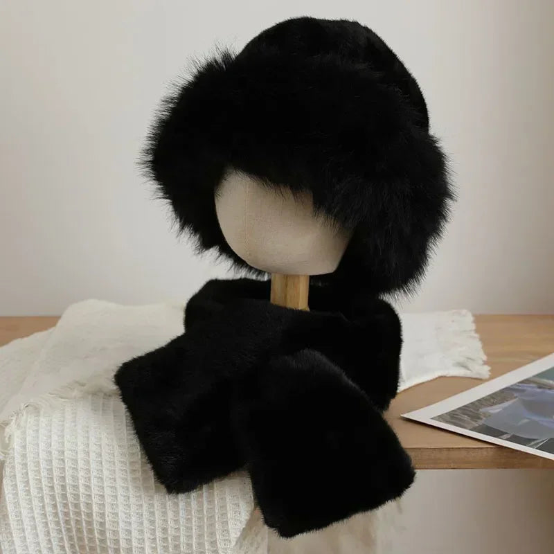 2pcs Plush Fox Mink Fur Scarf Hat Sets