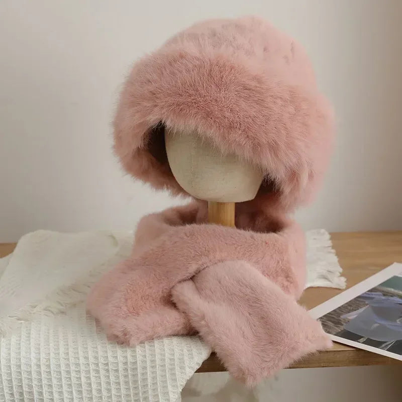 2pcs Plush Fox Mink Fur Scarf Hat Sets