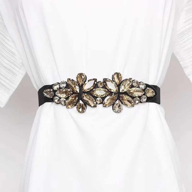 Fashionable Elastic Inlaid Decorative Crystals Small Waistband Belt