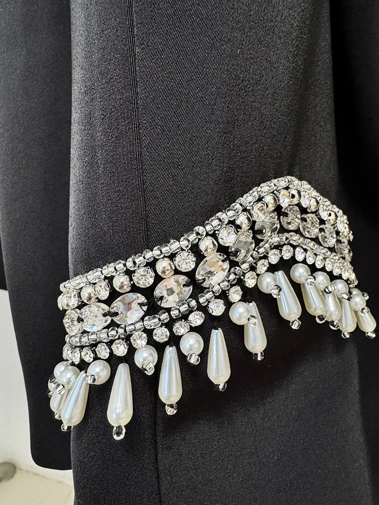 2025 Designer Suit Women Beaded Diamonds Stand Collar Jacket Pants Suit 2pcs Set 