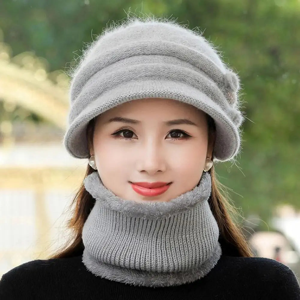 Sweet Ladies Cap & Scarf 2pcs Set Thickened Plush Lining
