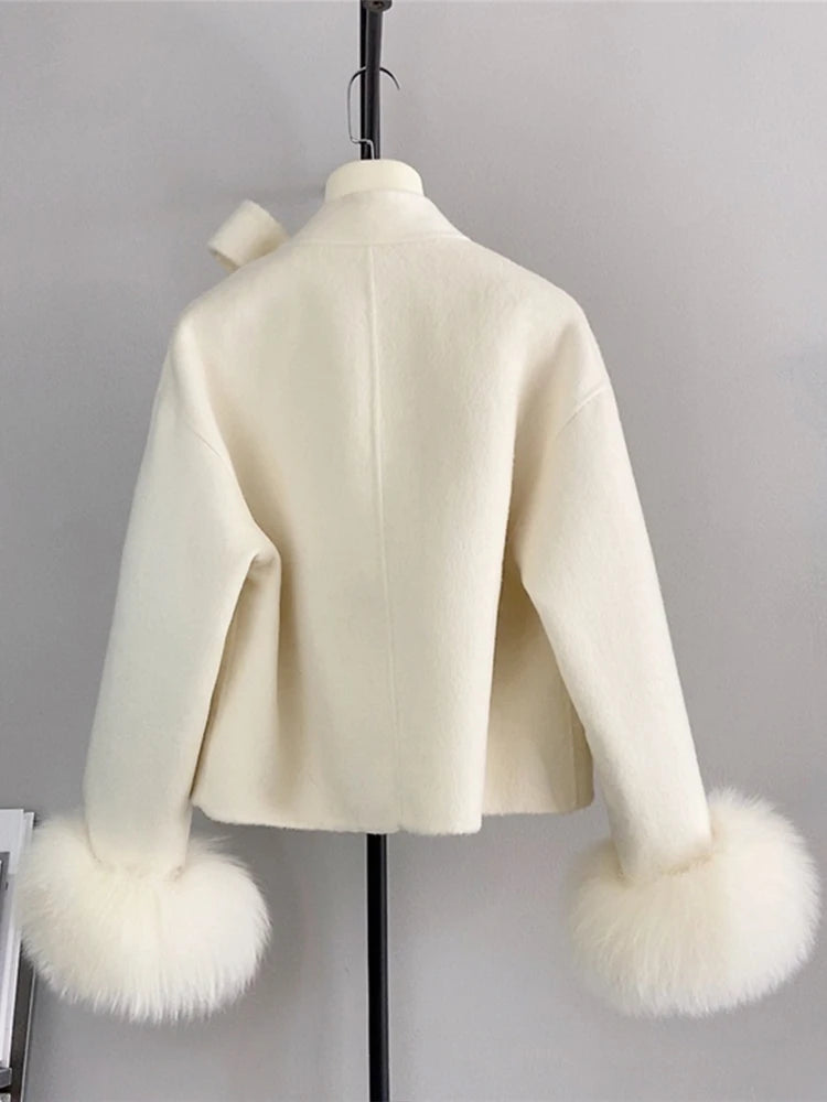 Real Natural Fox Fur Cuff Cashmere Wool Luxury Jacket