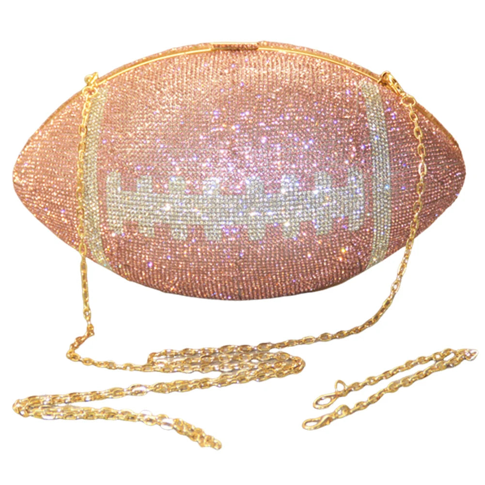 Creative Football Shape Bling Rhinestone Shiny Diamond Purse with Shoulder Chain