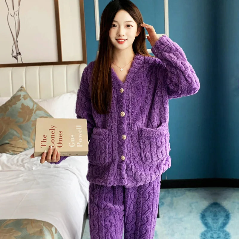 2PCS Thick V Neck Flannel Pajamas Set