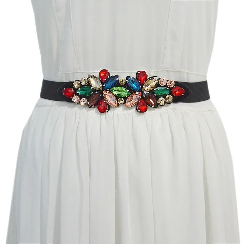 Fashionable Elastic Inlaid Decorative Crystals Small Waistband Belt