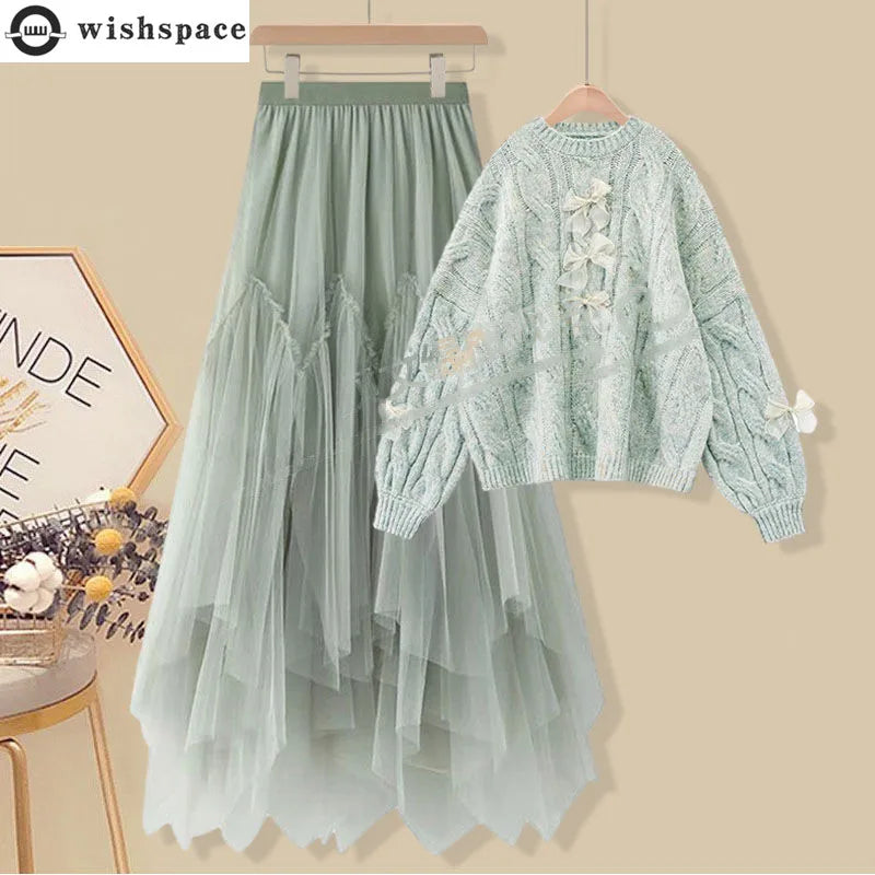 Lazy Sweet Knitted Sweater Pleated Gauze Skirt Two-piece