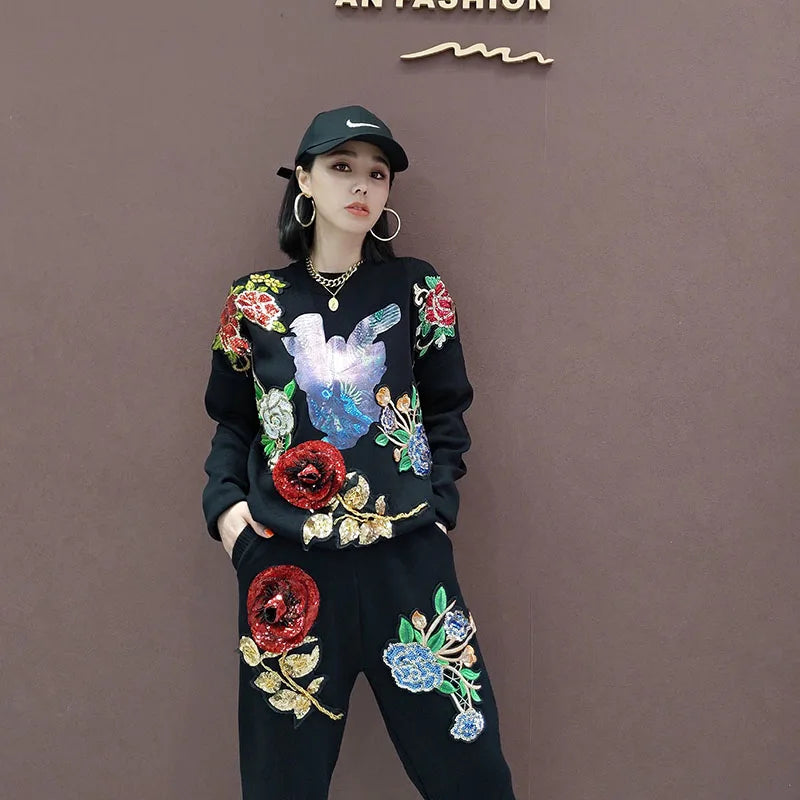 Flower Sequin Bird Pattern Printing Knit Sweater Set