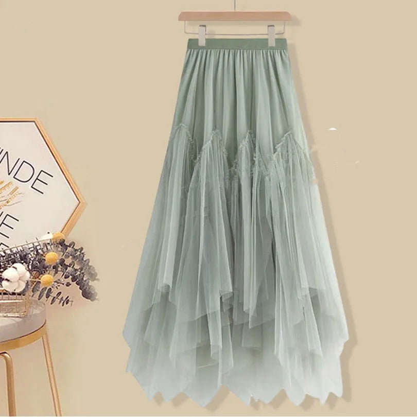 Lazy Sweet Knitted Sweater Pleated Gauze Skirt Two-piece
