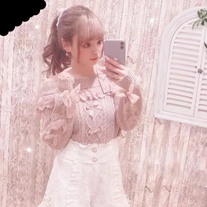 Sweet Cute Off Shoulder Lace Ruffles Bow Sweater