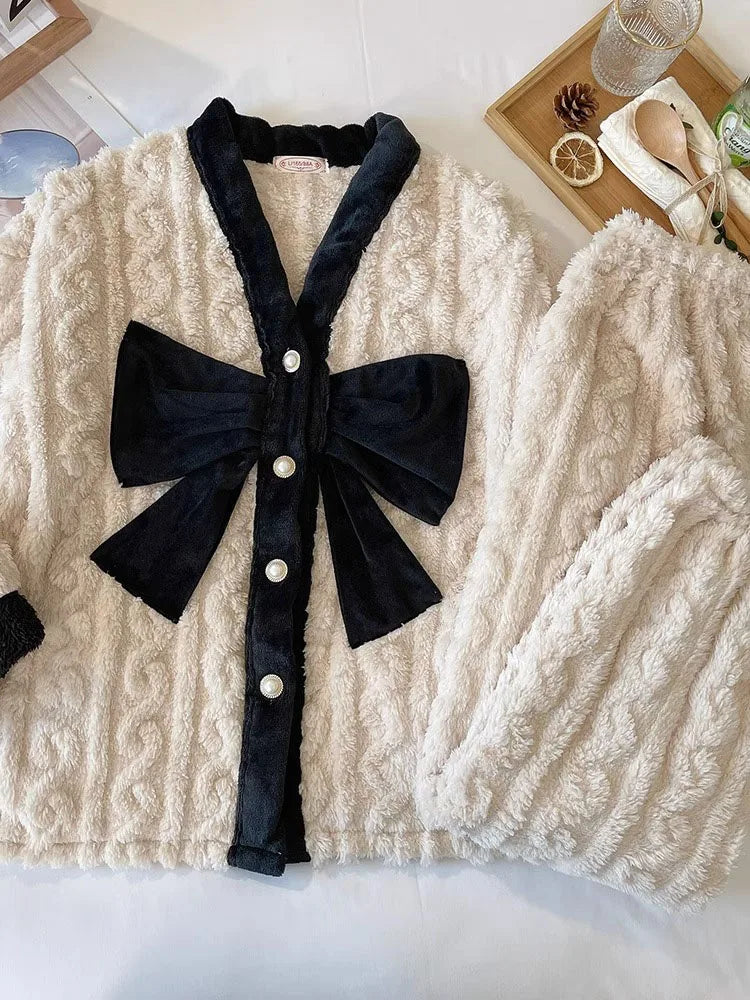 2Pcs Bow Long Sleeve Cardigan V-neck Pajama Sets