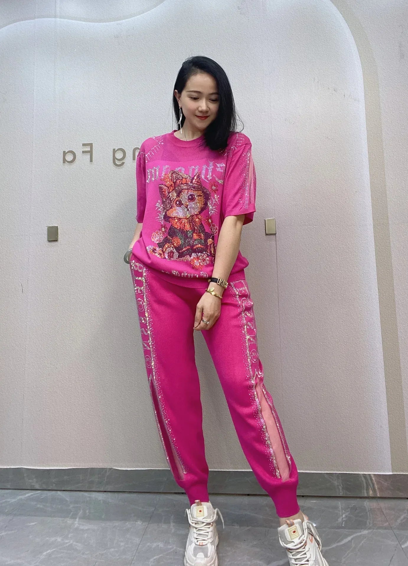 2PCS Knitted Cartoon Shiny Rhinestones Tracksuit