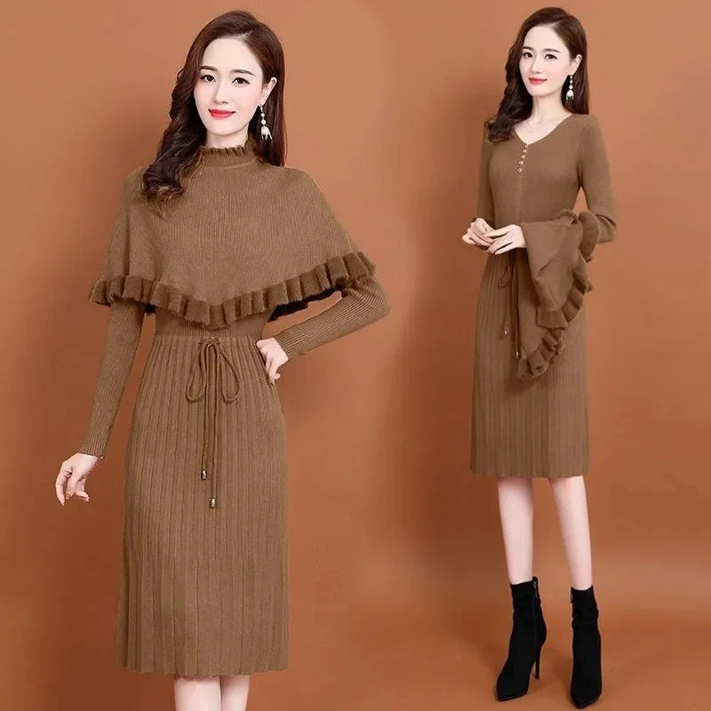 Long Sweater Dress Pullovers Warm Knitted Pullover Dresses + Sweaters Vest Two Pieces Set
