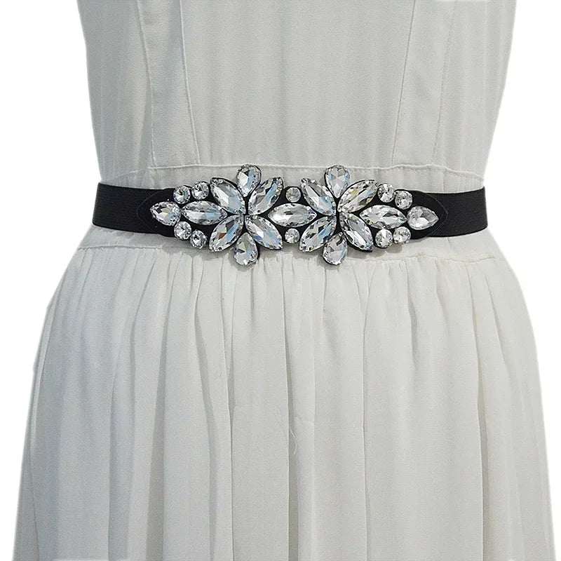 Fashionable Elastic Inlaid Decorative Crystals Small Waistband Belt