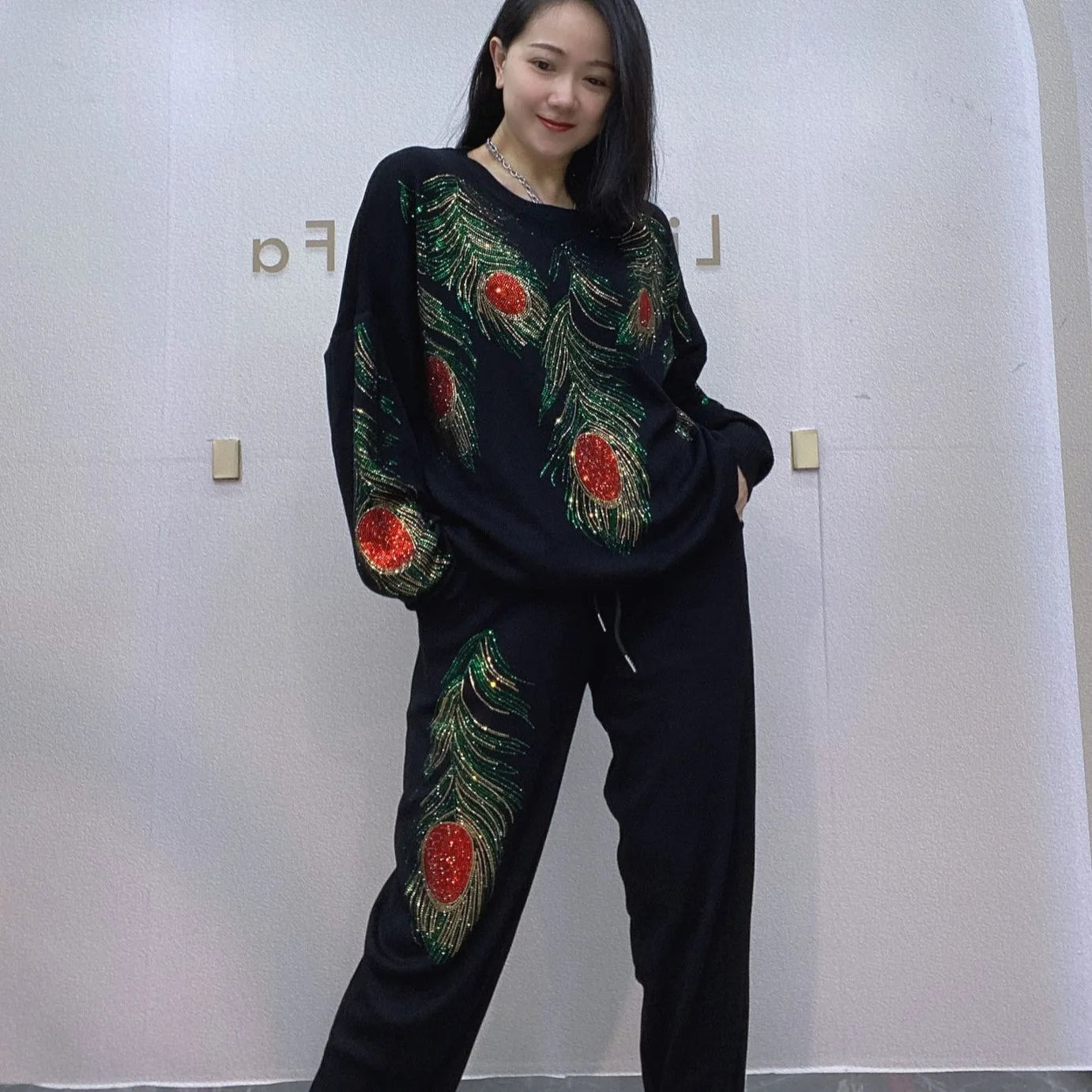 Peacock Feather Beaded Knitted Pullovers Sequined Sweater Set