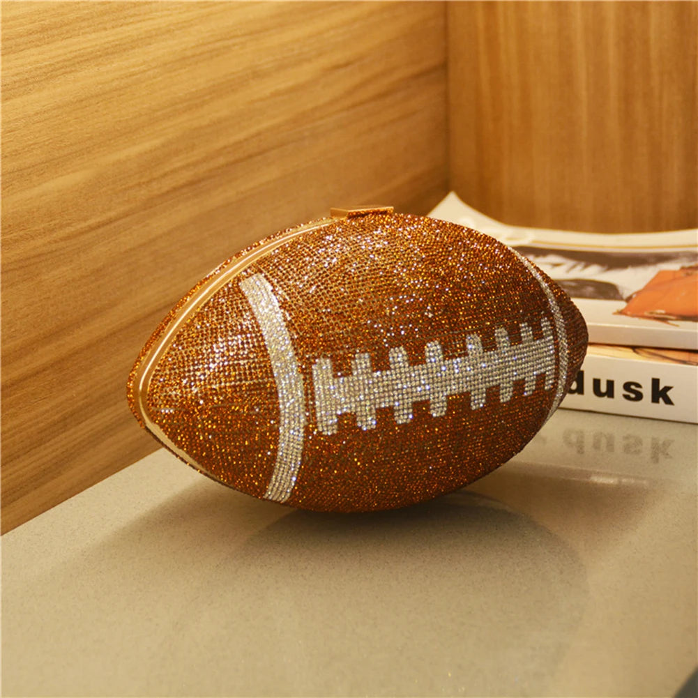 Creative Football Shape Bling Rhinestone Shiny Diamond Purse with Shoulder Chain