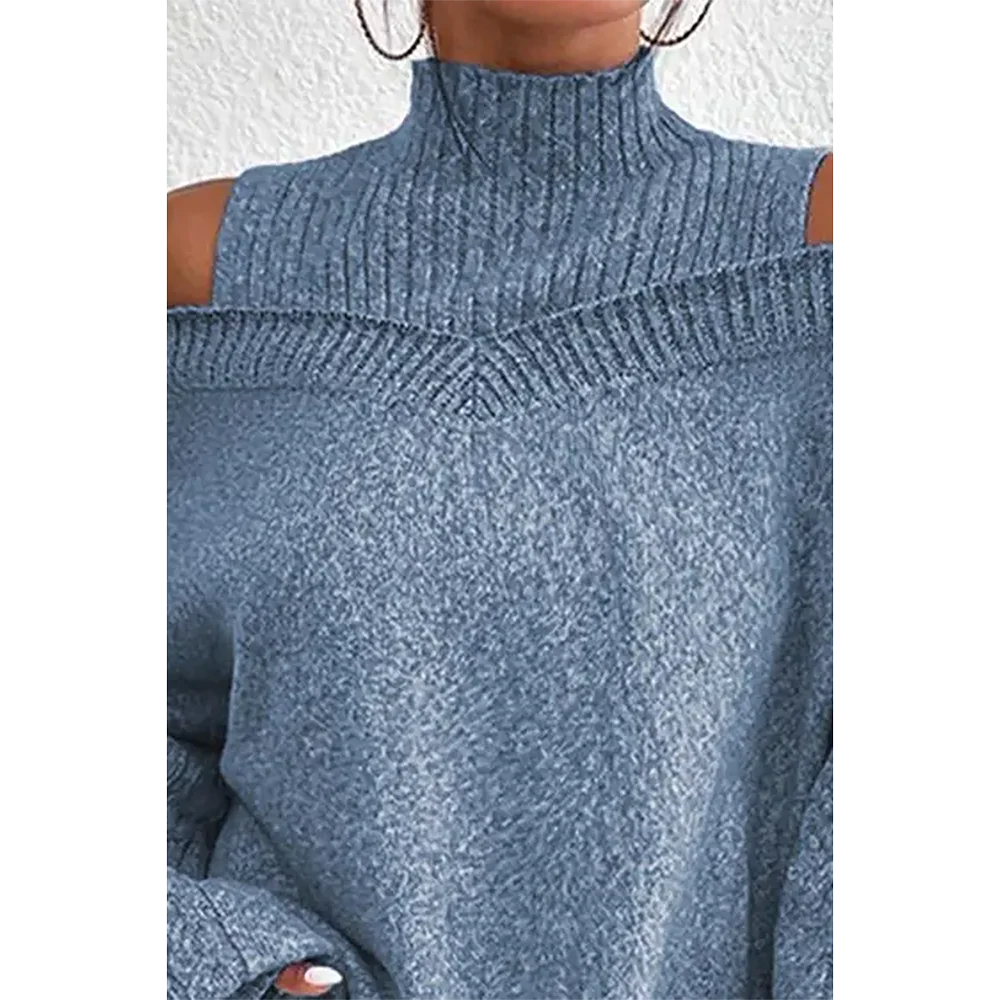 Plus Size Cable Knit Lantern Sleeve Cold Shoulder Sweater