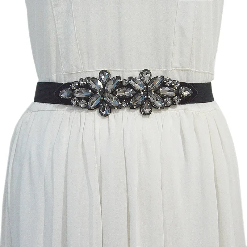 Fashionable Elastic Inlaid Decorative Crystals Small Waistband Belt