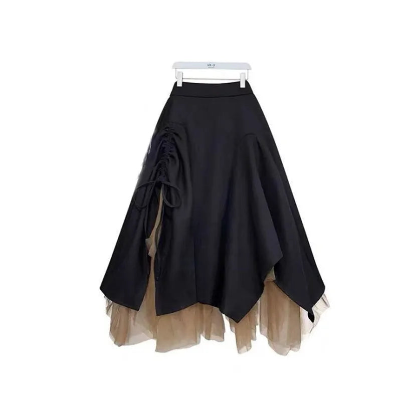 New Slim Style Lace Up Sweater Mesh Skirt Two Piece Set