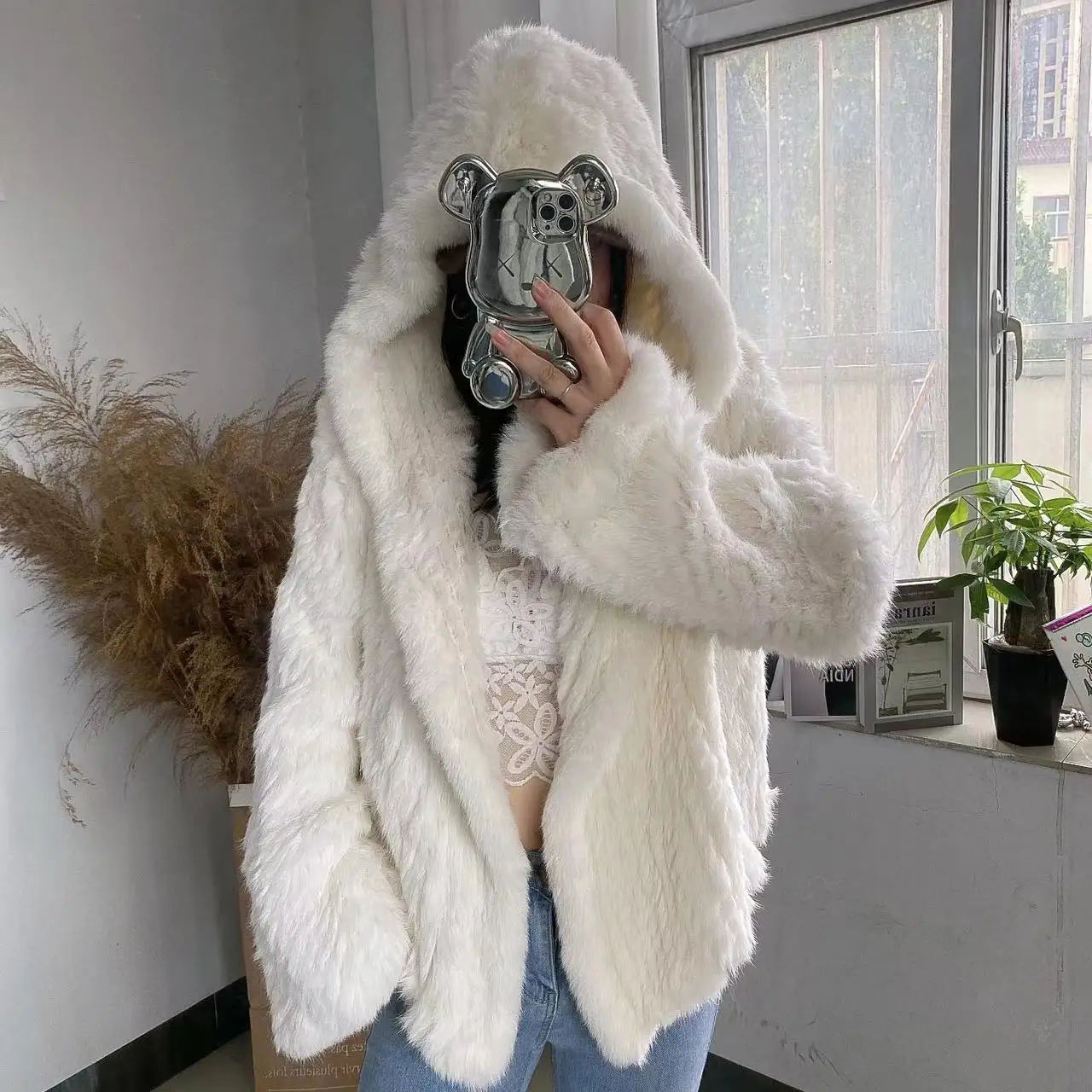 100% Real Rabbit Fur Coat