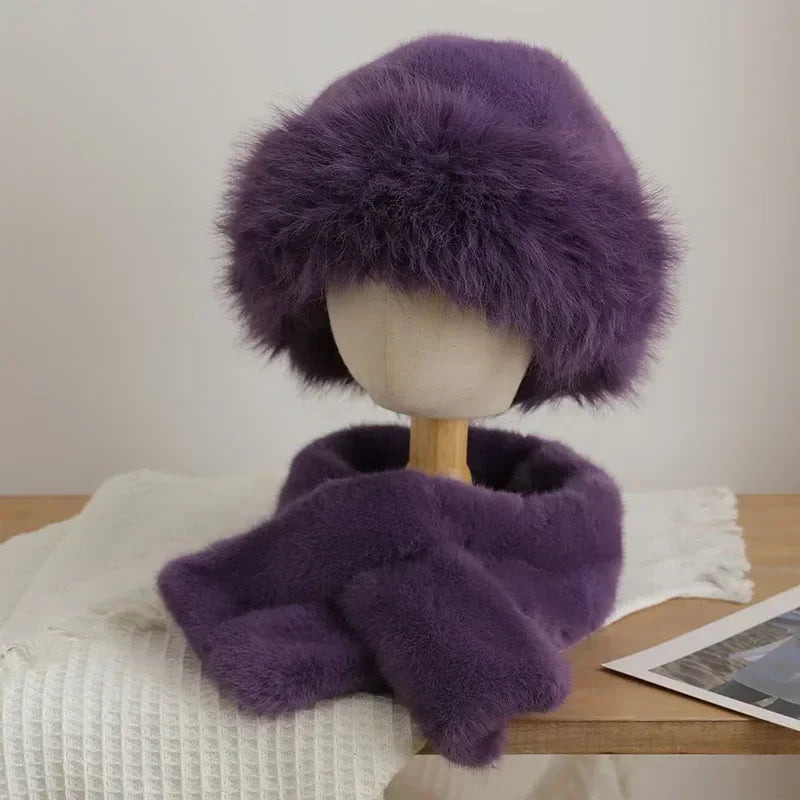 2pcs Plush Fox Mink Fur Scarf Hat Sets