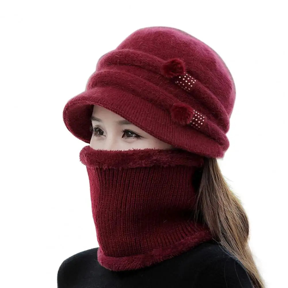 Sweet Ladies Cap & Scarf 2pcs Set Thickened Plush Lining