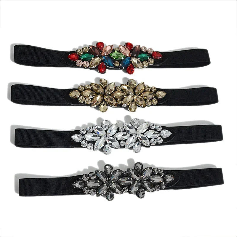 Fashionable Elastic Inlaid Decorative Crystals Small Waistband Belt