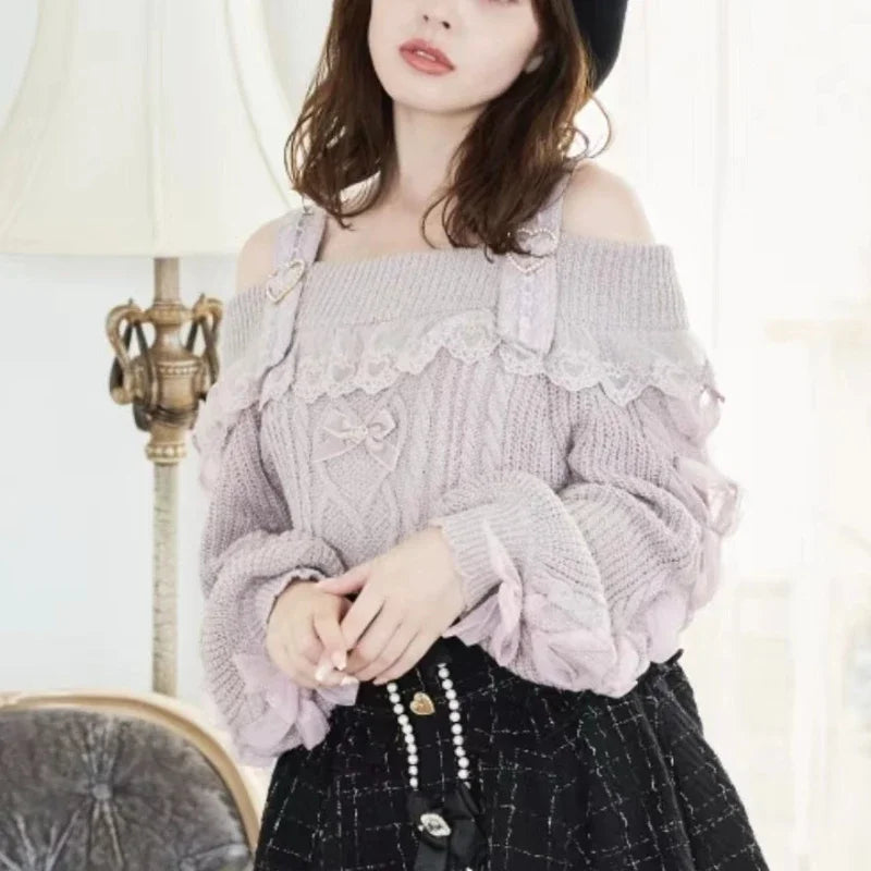 Sweet Cute Off Shoulder Lace Ruffles Bow Sweater