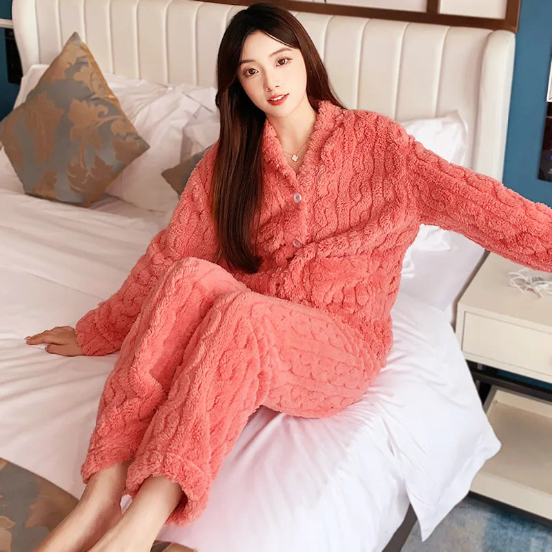 2PCS Thick V Neck Flannel Pajamas Set