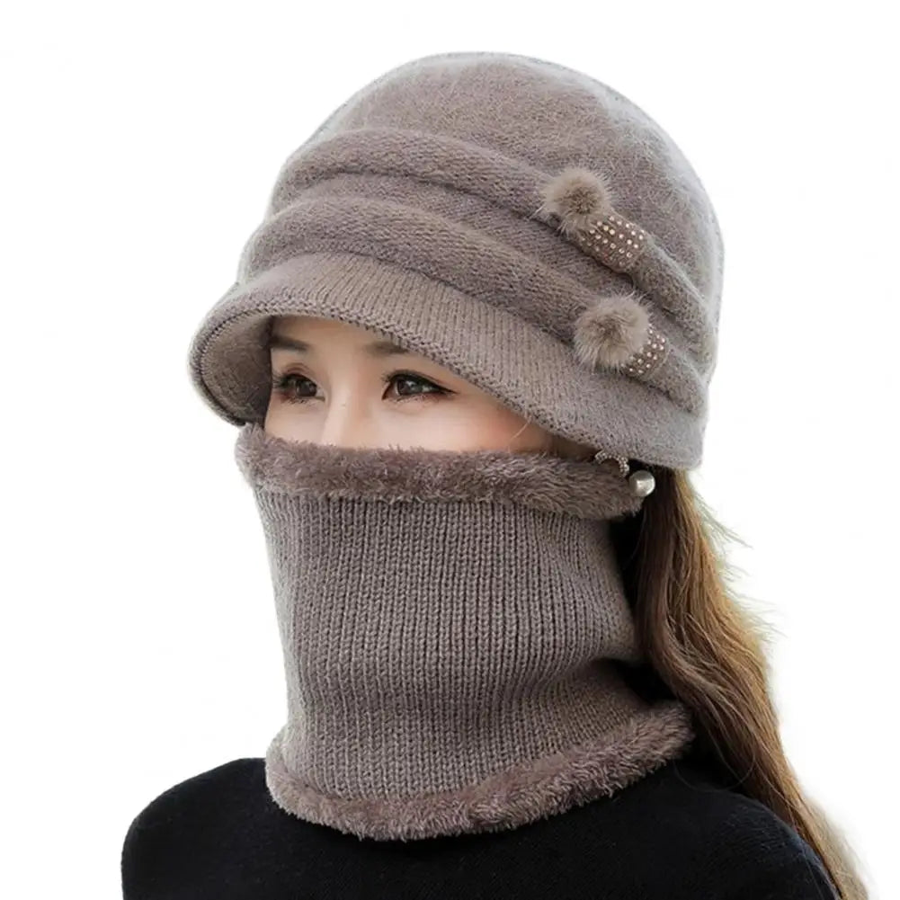 Sweet Ladies Cap & Scarf 2pcs Set Thickened Plush Lining